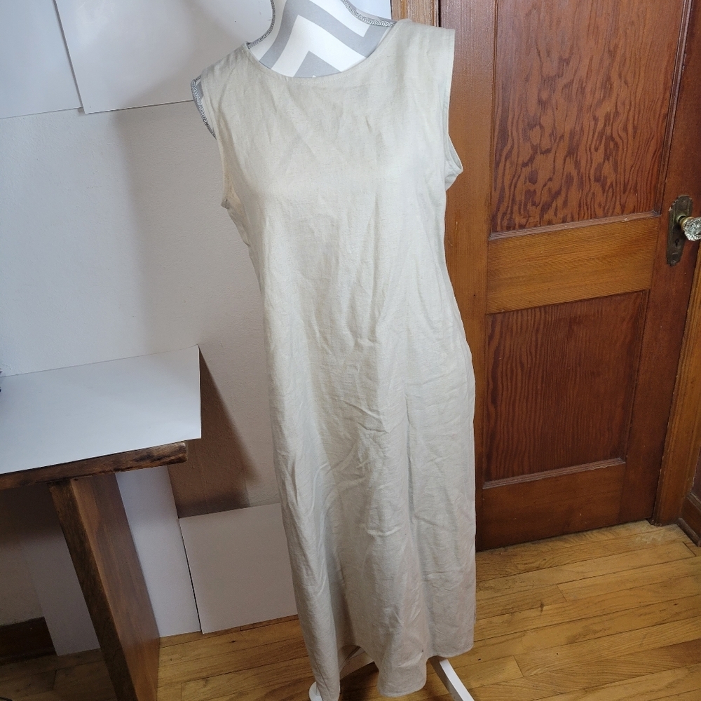 Womans Coldwater Creek Linen Blend Sleeveless Maxi Dress Tan/Khaki Petite MedAC